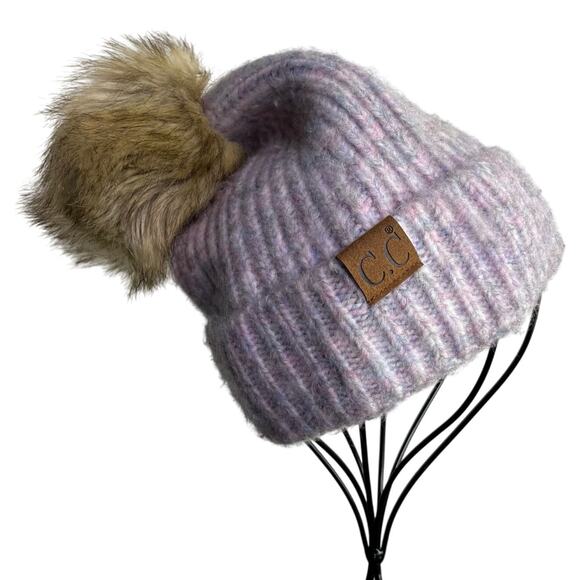C.C Winter Soft Knit Hat Womens OS Light Purple Pink Beanie Faux Fur Pom Pom - Picture 1 of 6